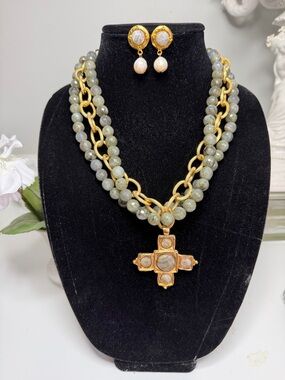 Susan Shaw Gold-Tone Green Beaded Cross Pendant Necklace with Matching Earrings
